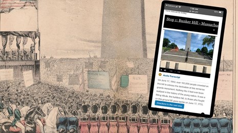 Poster of the Bunker Hill Monument dedication with phone tour overlaid.