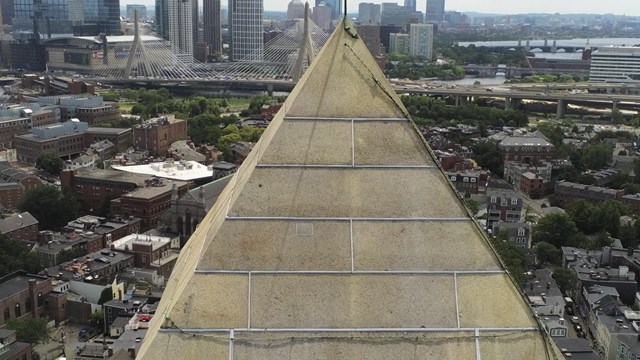 Top of the Bunker Hill Monument showing the wearing mortar between the granite blocks.