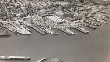 Black and white aerial view of the Charlestown Navy Yard from 1925.