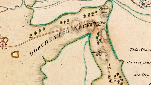Map with close up on Dorchester Neck and the fortifications there