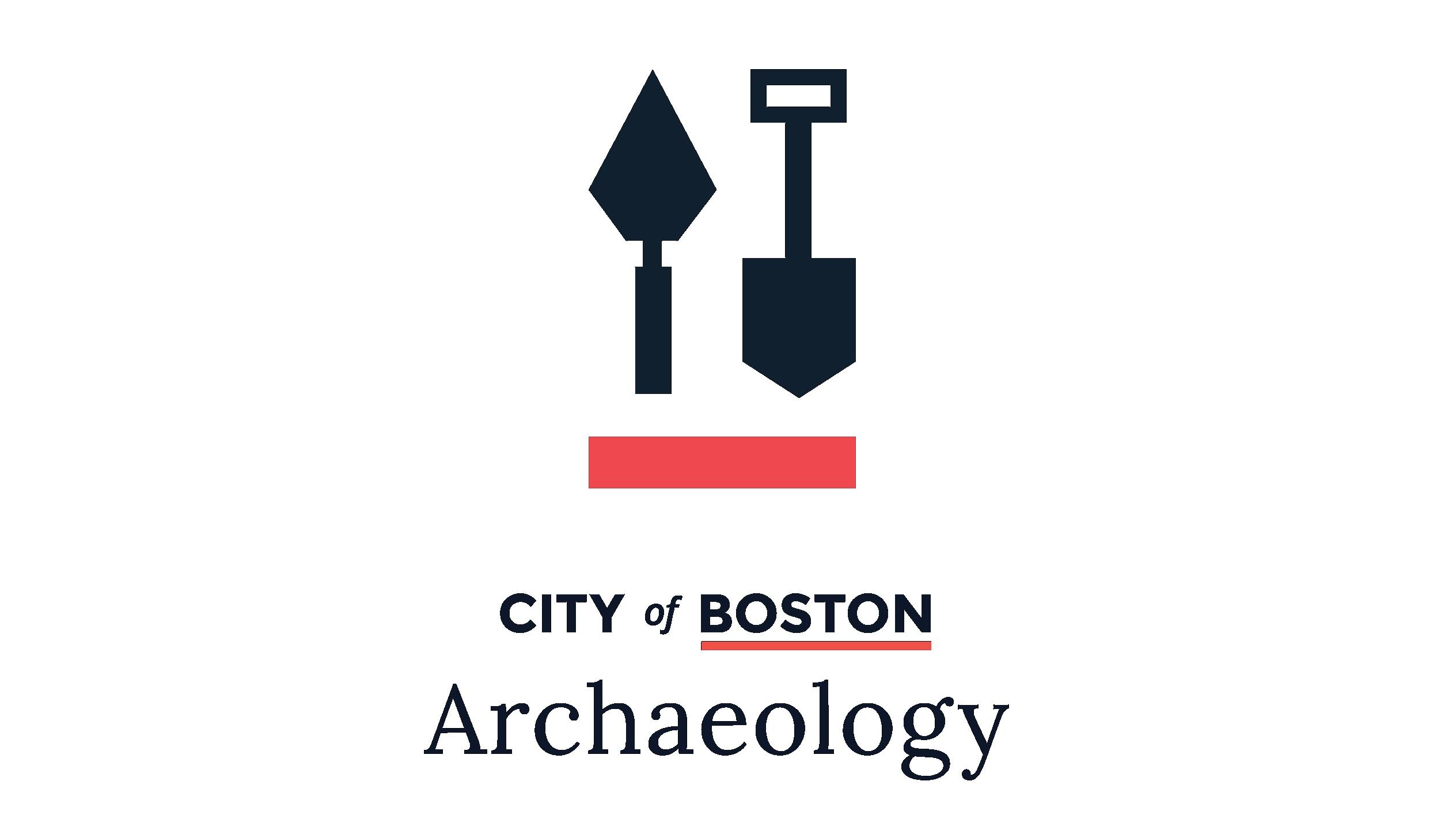 a graphic logo with a shovel and a spade hovering over the text "City of Boston Archaeology"