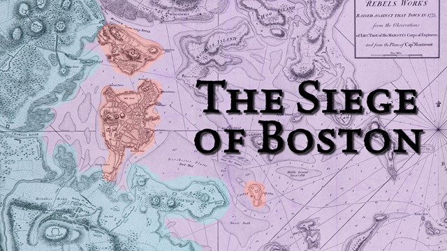Map of Boston and its harbor. Areas highlighted in red (British), blue (Am), and purple (contested)