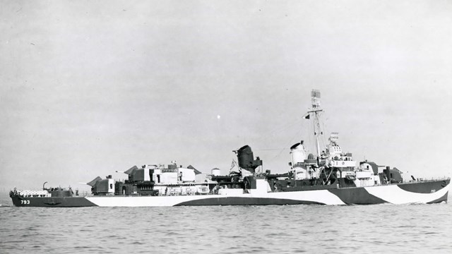 Black and white photograph of a warship in the ocean. Photo views the port broadside of the ship.