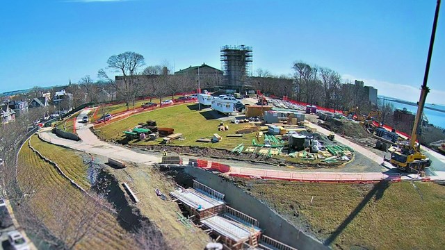 View of Dorchester Heights Monument and grounds undergoing restoration work.