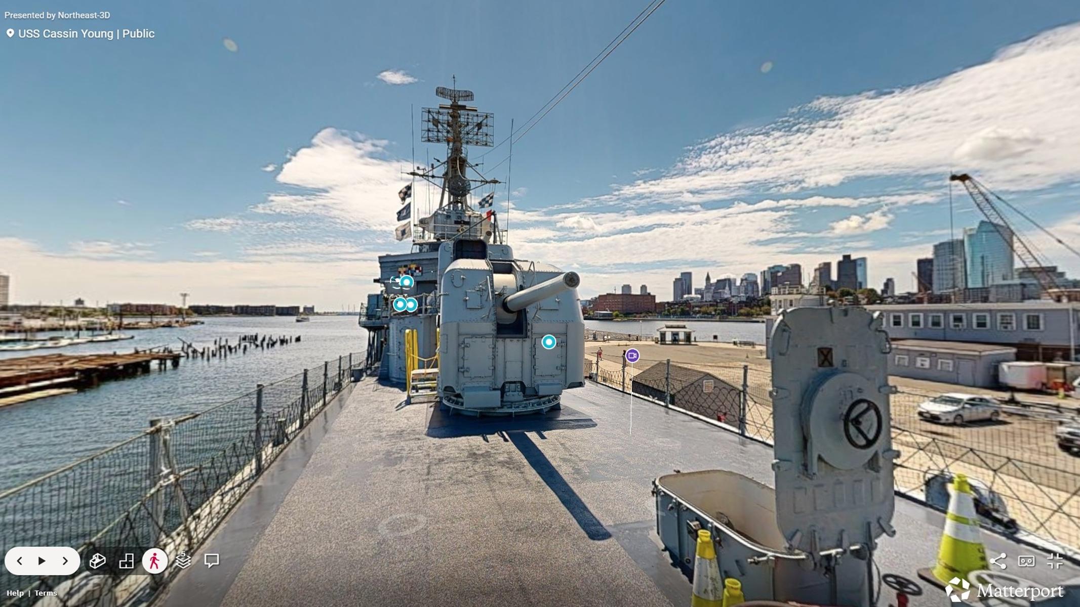 View of USS CASSIN YOUNG looking from foredeck down ship, with features identified by blue points.