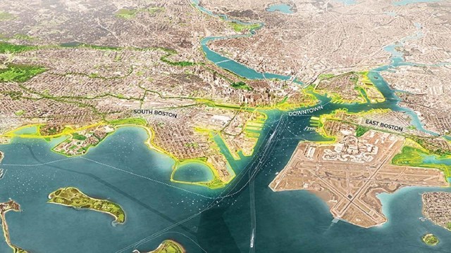 stylized map overlooking Boston Harbor and the coastline.