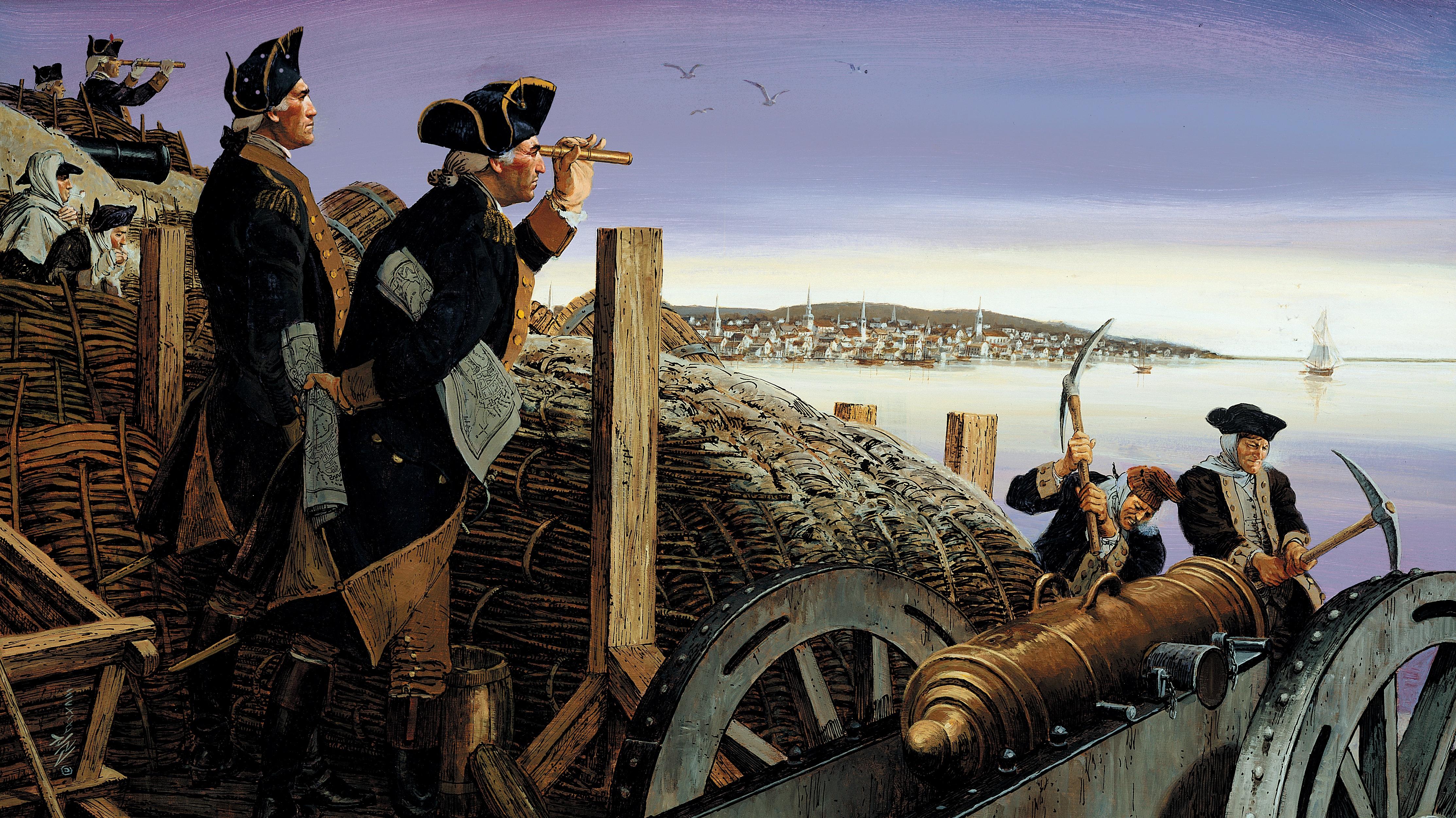 Illustration of Continental soldiers and officers in a fortification overlooking a harbor.