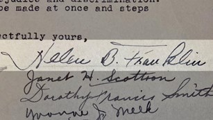 Signatures of women on a letter with Helen Lee Franklin's signature highlighted. 