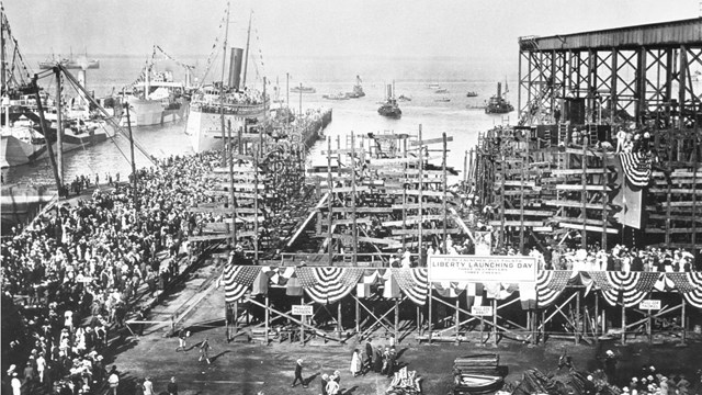 Liberty Launching Day at Newport News Shipbuilding, Virginia. 