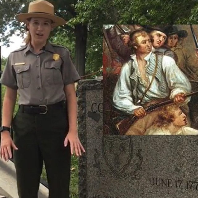 Ranger standing next to a granite marker on staircase with an image overlaid on the video.