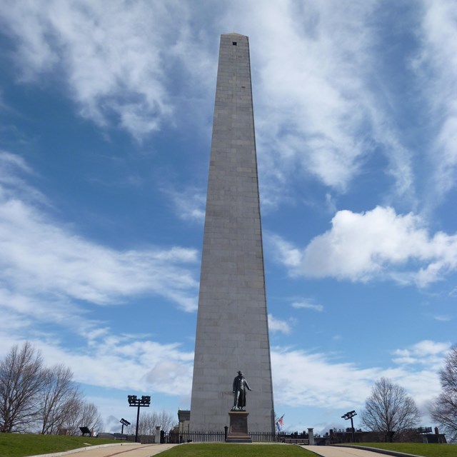 Bunker Hill Monument on a clear, blue day.