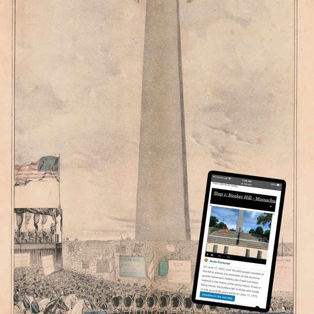 Poster of the Bunker Hill Monument dedication with phone tour overlaid.