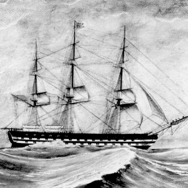 An archival sketch of the three masted USS Independence