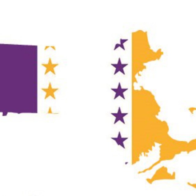 Map of Massachusetts colored in purple, white, and gold vertical stripes. 