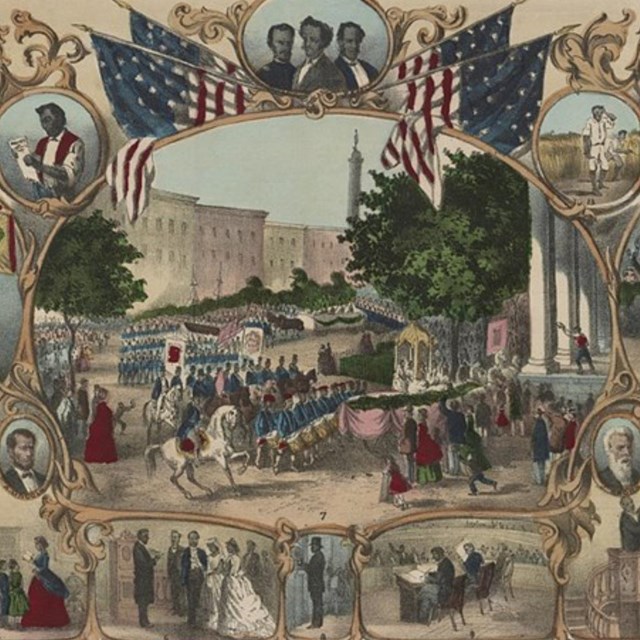 Image of a parade celebrating the passage of the 15th Amendment, 1870.