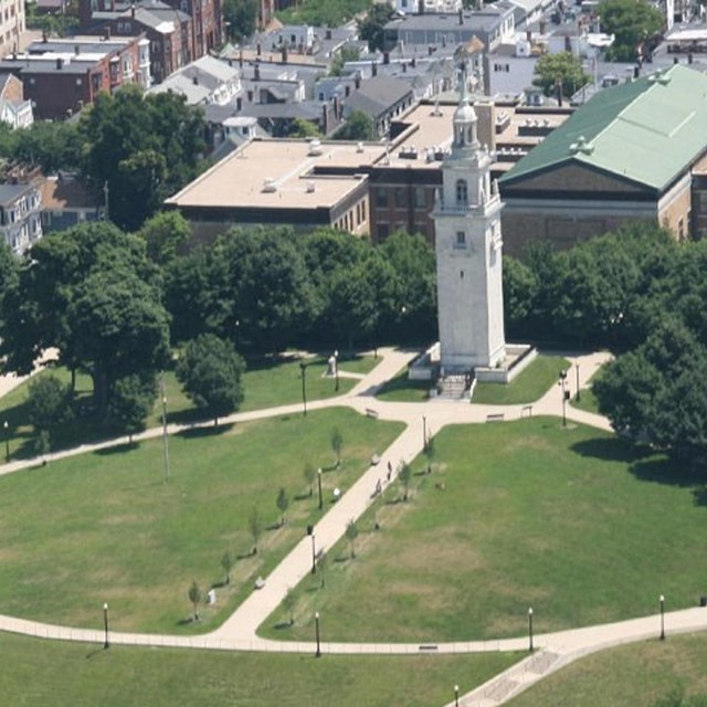 Aerial view of Dorchester Heights and Thomas Park. 