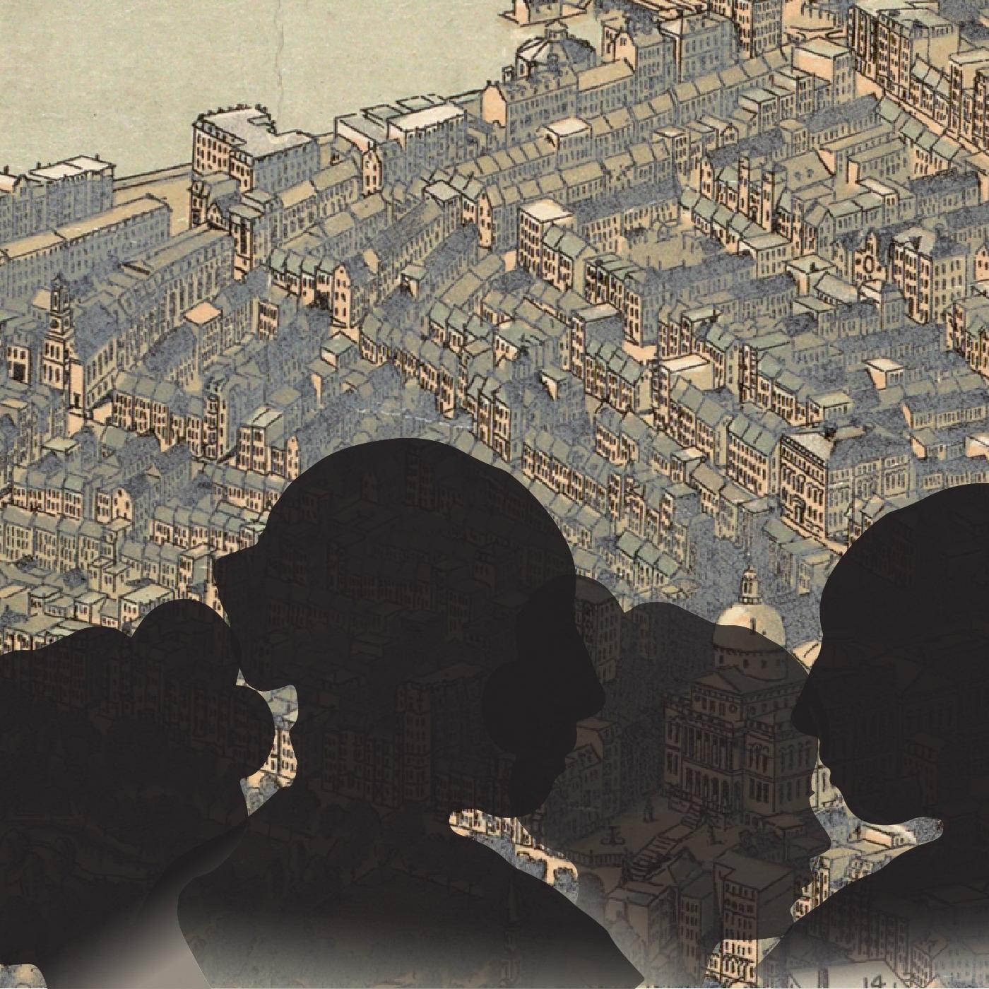 Silhouettes of women against a 19th century bird's eye view of a city.