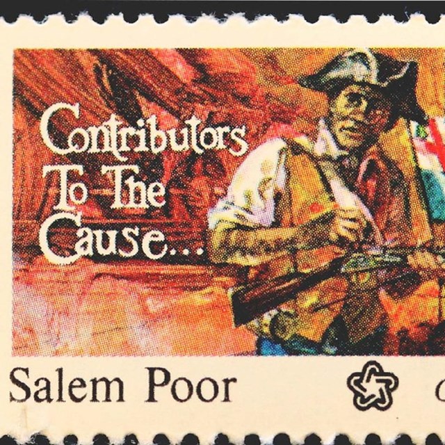 A color stamp of a rendering of Salem Poor, an African American Revolutionary War soldier.