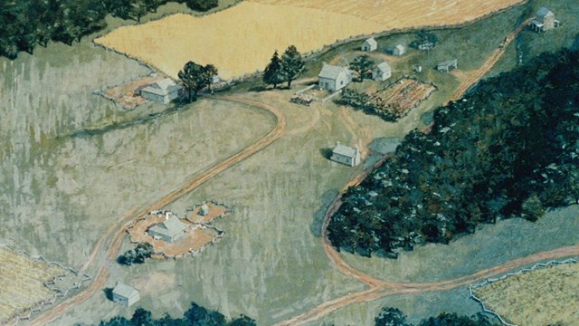 A rustic painting depicts an overview shot of buildings and fields on the Burroughs plantation.