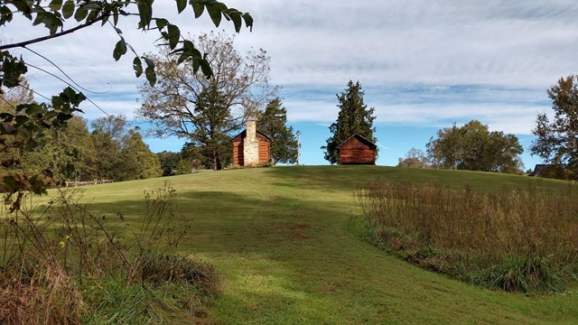 A landscape view of a green foreground with 