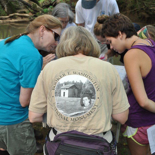 Volunteers with Biology students identifying aquatic insects.