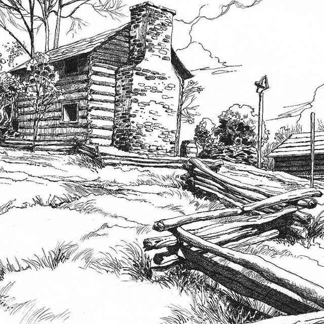 Image of an illustration of a rustic cabin and fence. 