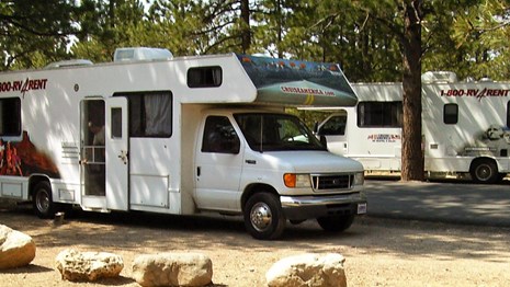 RV parked in forested campground
