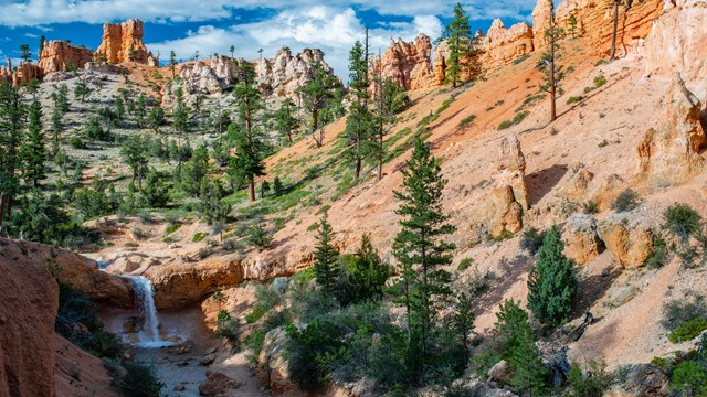 A landscape of red rocks and a distant waterfall