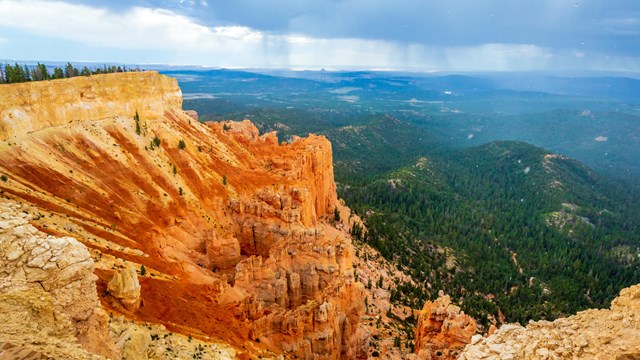 A sloping cliff of red rocks with thick green trees behind it.