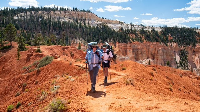 Two hikers along a trail surrounded by red rock slopes and towering rock spires