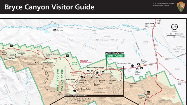 A map of Bryce Canyon National Park titled "Bryce Canyon Visitor Guide"
