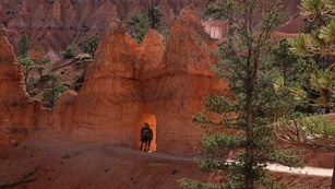 A person emerges from a glowing red limestone tunnel in rock wall surrounded by trees.