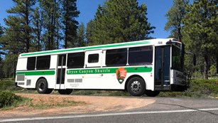 A white and green shuttle bus approaches a turn along a forested road.