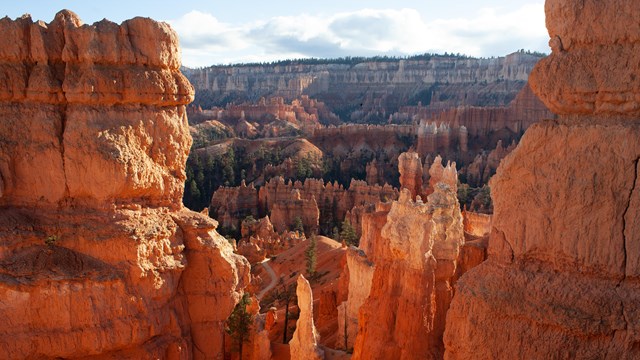 A landscape of jagged red rock formations.