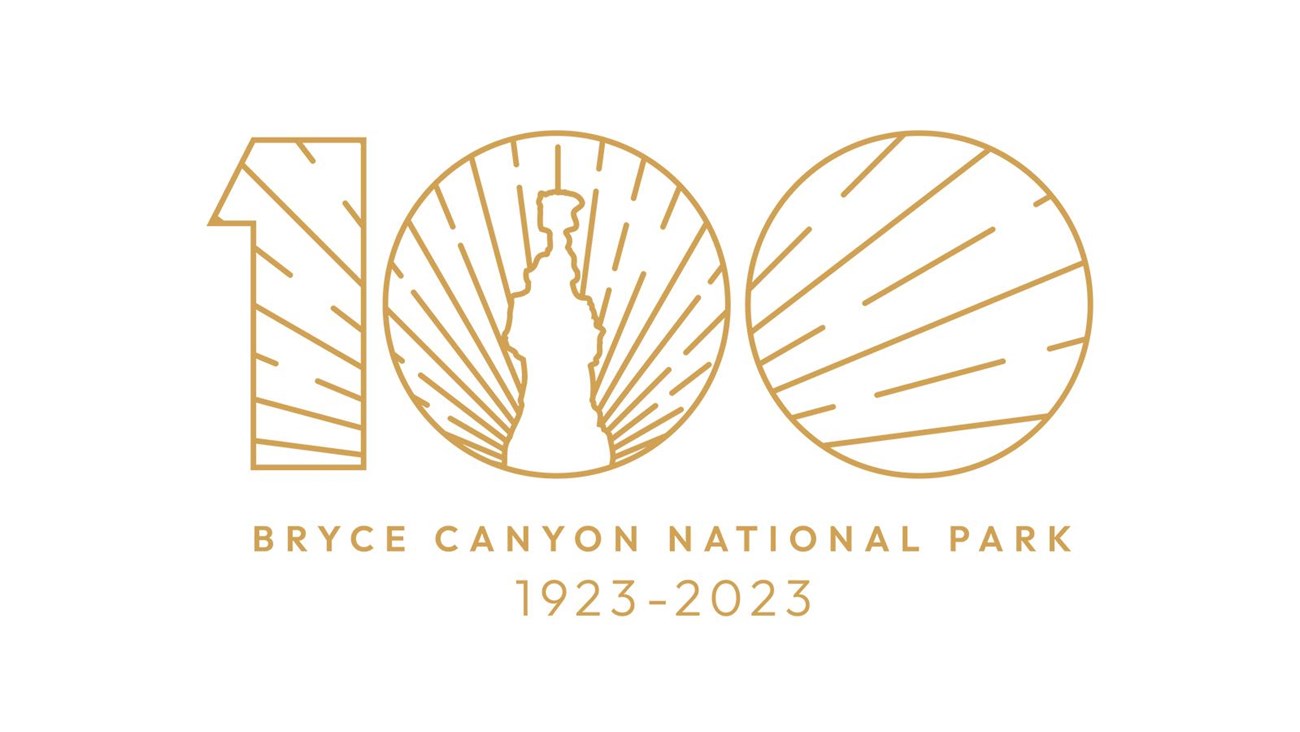A golden logo showing the number 100, Bryce Canyon National Park 1923 - 2023