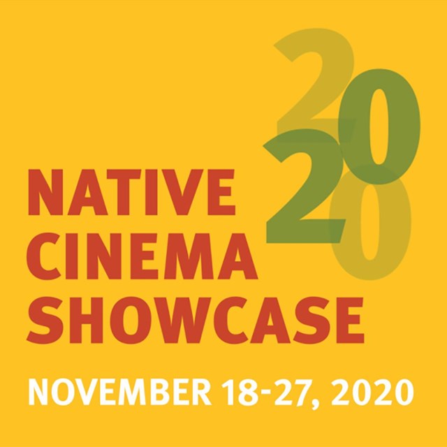 Yellow background with images of film reel and actors and actresses, text Native Cinema Showcase
