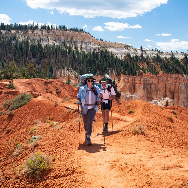 Two hikers travel down a red rock trail along forested cliffs of white limestone