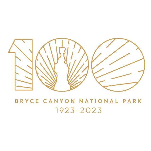 A logo of golden text reading 100 Bryce Canyon National Park 1923-2023