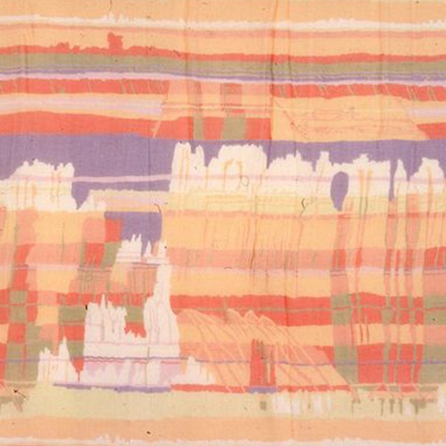 A red and white rock feature textile