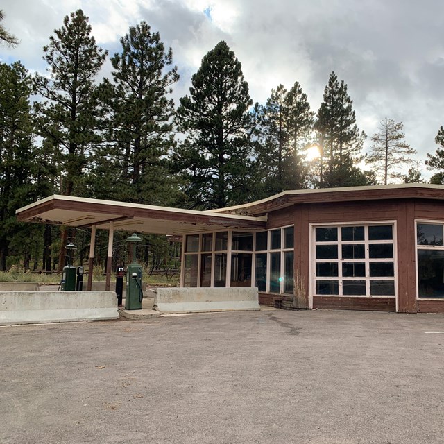 A single-story structure with large glass windows and awning stands in forest below cloudy sky.