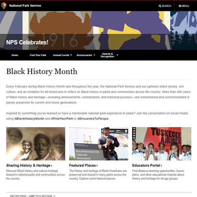 A webpage for Black History Month hosted by the National Park Service