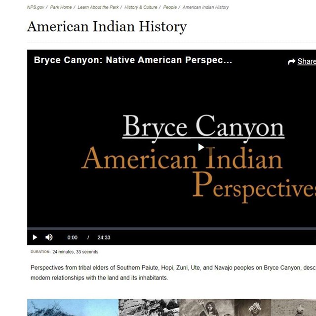 A webpage with a video titled Bryce Canyon American Indian Perspectives
