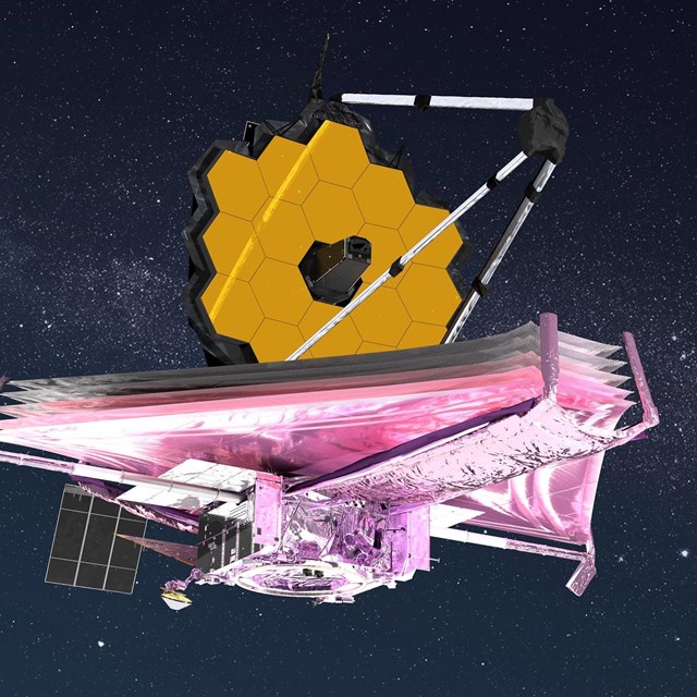 Large space telescope with golden mirror and pinkish-white metallic covering hovers in space