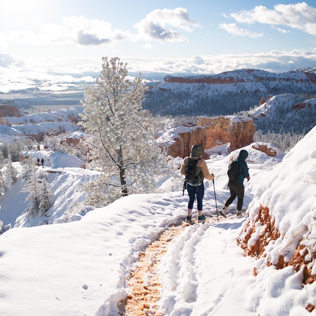 Two visitors hike on a snowy trail.