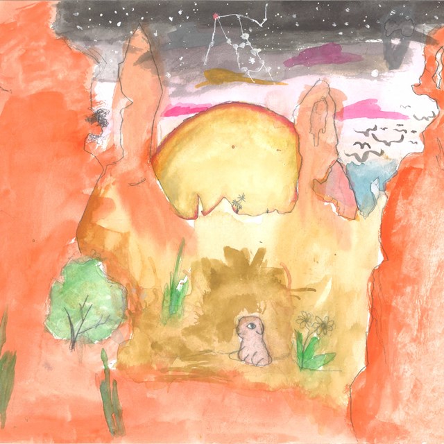 A red rock scene beneath the sun and stars with a small tawny rodent the Utah Prairie Dog visible.