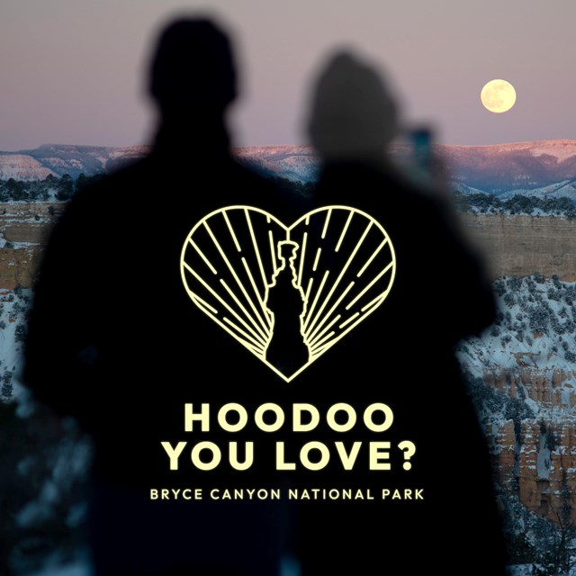The silhouettes of two couples overlooking a full moon rise over a snowy landscape.