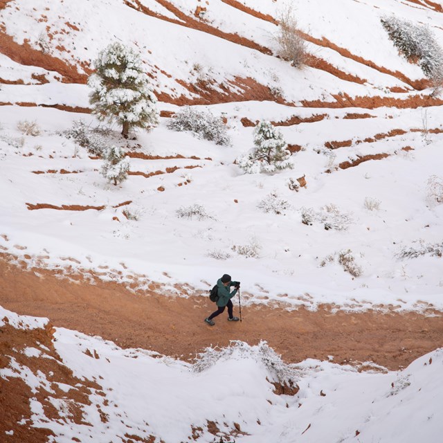 A person hikes along an orange-colored trail alongside snowy slopes