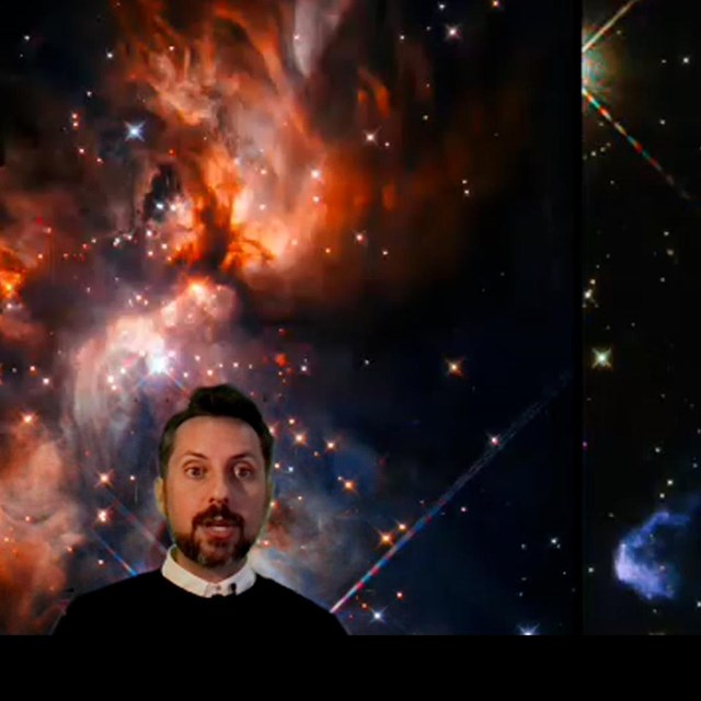 Man superimposed on scene of space and galaxies