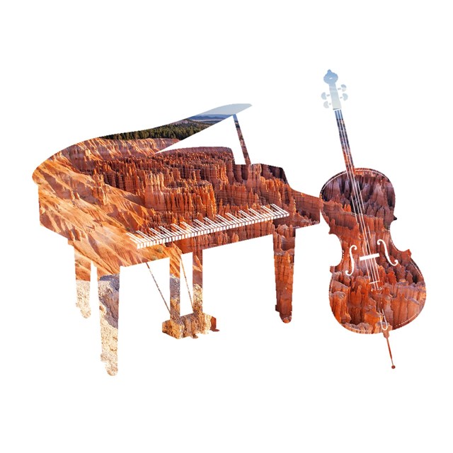 A piano and cello cut out with the Bryce Amphitheater visible through them.