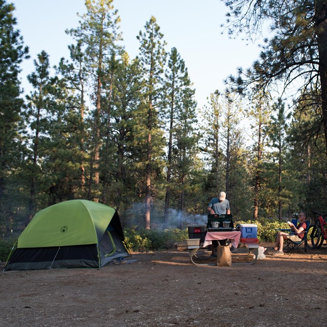 Two men sit at campsite while one grills and the other reads beside tent